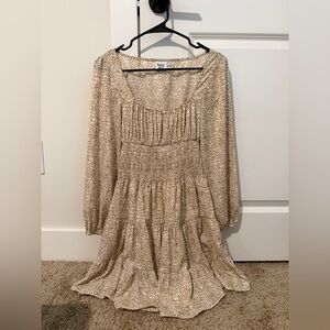 Princess Polly Beige Floral Smocked Tiered Long-Sleeve Dress